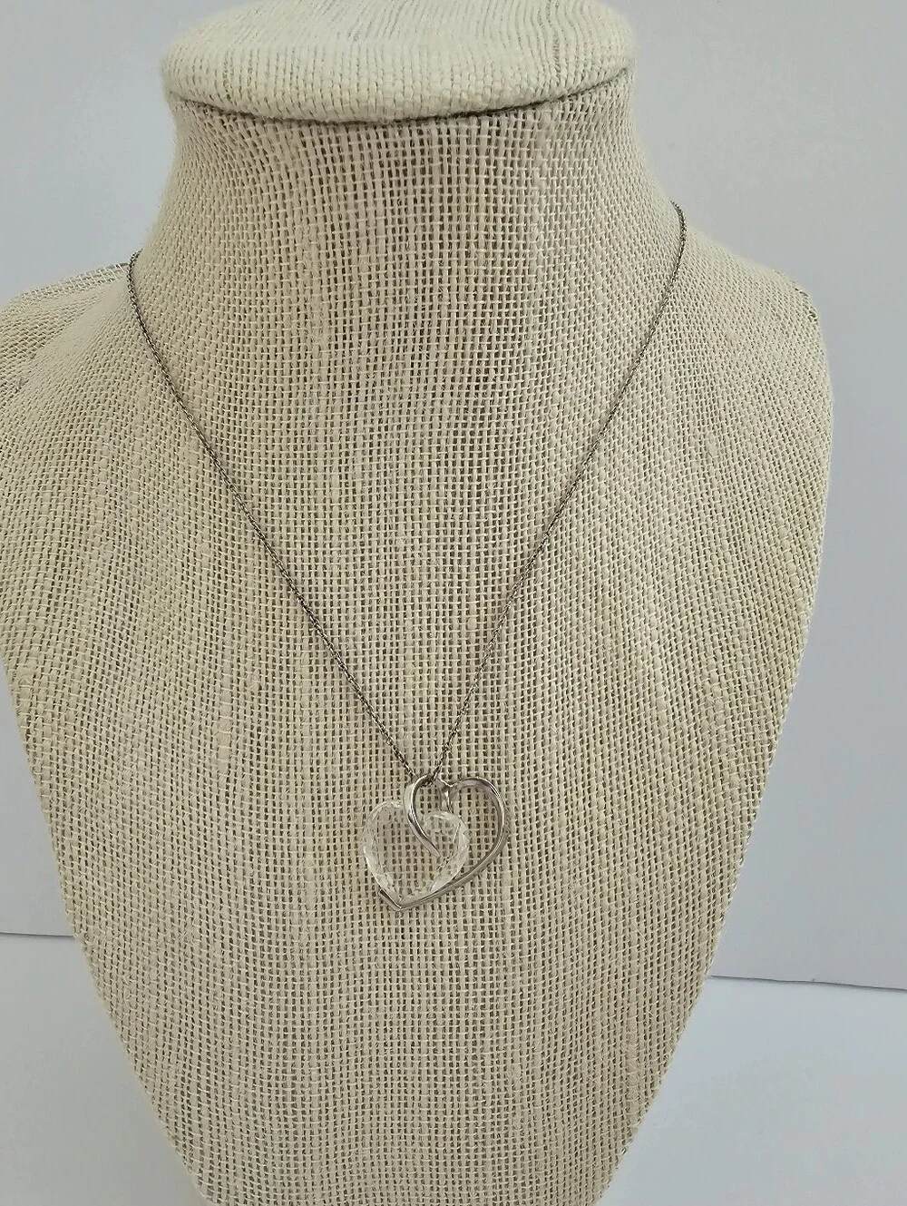Vintage Italian Sterling Silver Clear Faceted Glass Heart Pendant Necklace, 925